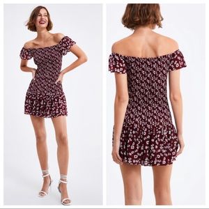 Zara burgundy Floral off the shoulder dress